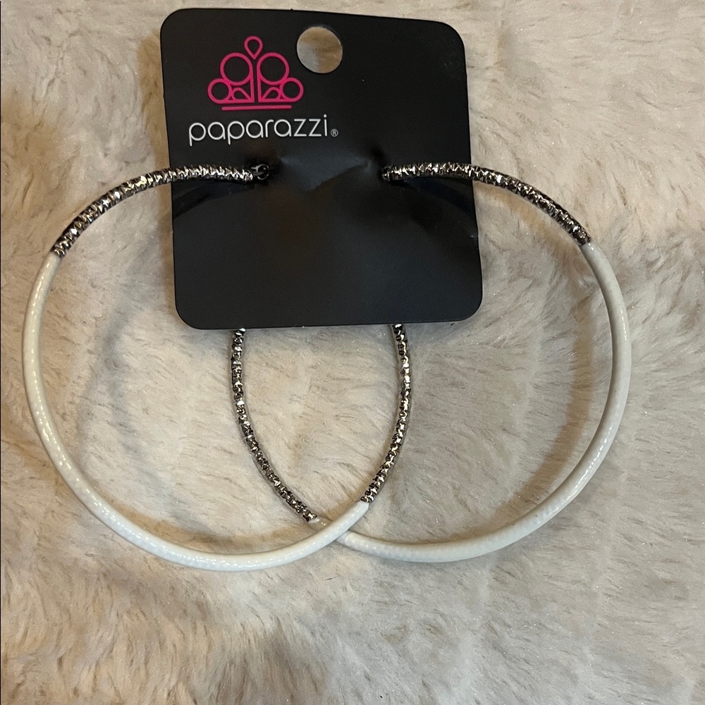 Paparazzi Elegant White and Silver Hoops